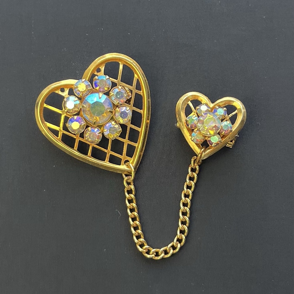 Vintage Gold Tone Rhinestone Double Heart Flower Costume Brooch Pin